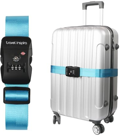 travel inspira Koffergurt mit Zahlenschloss Koffergurt mit TSA Schloss | Blau TSA-Anerkannt 3-stelliges Zahlencode 103-200cm Verstellbar Gurt Für Koffer 20-32 Auffällig Reise-Gadgets