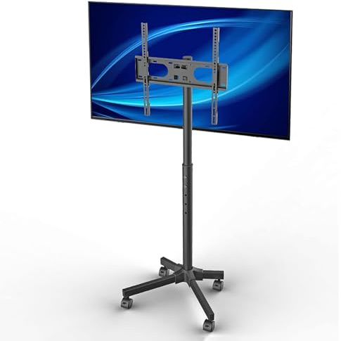 FBSHAD Mobile TV Cart on Wheels, Adjustable Rolling TV Stand for 17-55 Inch Flat/Curved Screen TVs, Holds Up to 35kg/77lbs