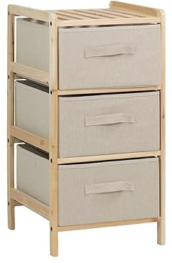 BRINDEK Organizador de madera de abeto con cajones de tela beige | Cajonera de Tela disponible en 3, 4 o 6 cajones | Mueble auxiliar con cestos para dormitorio, baño o salón (3 cajones)