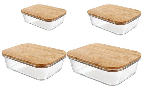ZOFUN 4 Pcs Glass Container with Bamboo Lids, 1520/1040/640/370 ml Rectangular Glass Storage Containers, Eco-friendly Airtight Food Storage Containers, BPA Free Fridge Storage Containers for Meal Prep