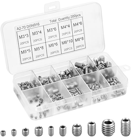 Yooyan 200 Stück M3 M4 M5 M6 M8 Gewindestifte, Sechskantkopf, Imbusschlüssel set, Hex Grub Kopf Maschinenschraube Schraube, Edelstahl Schrauben Set