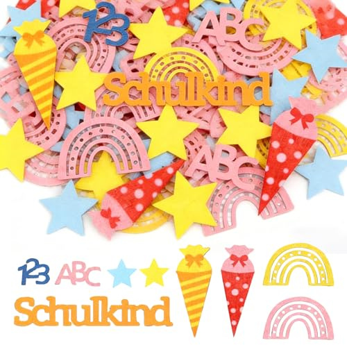 100 Stück Tischdeko Einschulung Holz, Einschulung Deko Set mit ABC 123 Schultüte Motiven, Schulkind Deko Streustücke für Schulanfang Jungen Mädchen, Konfetti für 1. Klasse Einschulungsfeier