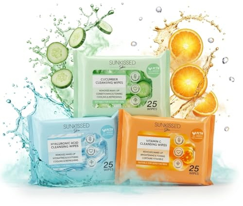 Sunkissed Face Wipes Variety Pack, 3 x 25 - Vitamin C, Hyaluronic Acid and Cucumber Cleansing Makeup Remover for Sensitive Skin