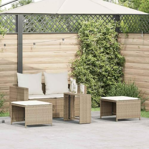 mzdioop 5-TLG Garten-Sofagarnitur aus Poly Rattan mit Kissen, stapelbar, wetterfest, beige, 2 Zweisitzer Sofas, Hocker und Tisch, ideal für Balkon, Terrasse und Outdoor Lounge
