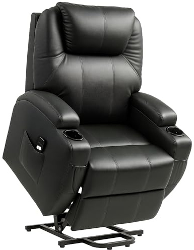 HOMCOM Fauteuil releveur électrique, Fauteuil Relax électrique en PU, Repose-Pied, Dossier inclinable, Port USB, télécommande, Porte-gobelets et Poches latérales, pour Personnes âgées, Noir
