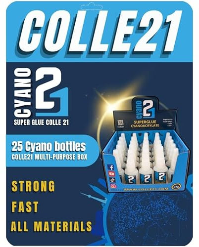 Scatola professionale da 25 Super colla Colle21, Super Colla Cianoacrilato flacone da 21 gr. colla per il modellismo, colla multi-usaggio per il bricolage.