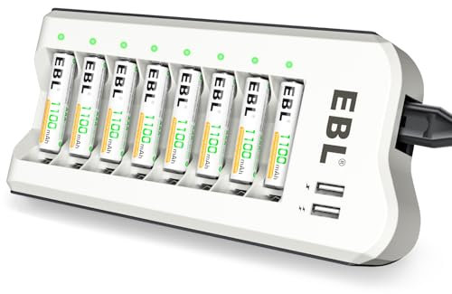 EBL 8PCS AAA Piles Rechargeables1100mAh, avec Chargeur de Piles 8 Slots avec 2 USB Ports pour Accus AA/AAA Ni-MH et Smartphone Tablette Rechargeable Rapide