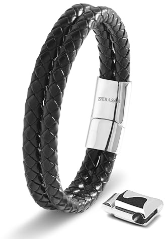 SERASAR Läderarmband för Män 20cm Flätat Silver Armband Pojkarmband Hanarmband Smyckepresentidé Jubileumspresenter Present till Make, Pojkvän, Vänner