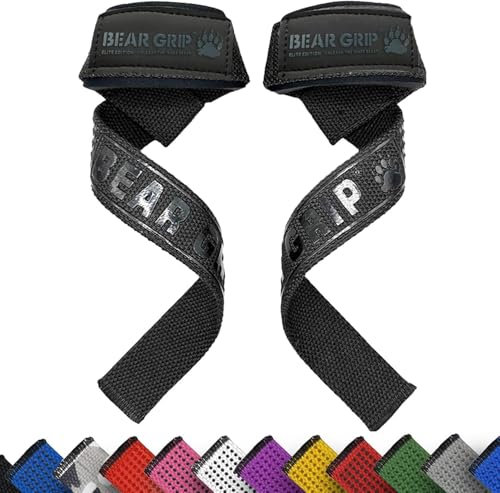 BEAR GRIP Straps - Premium Neoprene Padded Heavy Duty Double Stitched Weight Lifting Gym Straps, Deadlift, Gym Accessories for Men and Women, Advanced Gel Grip, 100% cotton, Extra long length (Black)