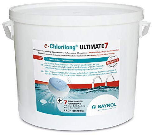 BAYROL e-Chlorilong ULTIMATE7 10,2 kg - Galets de Chlore 300 g bi-Phases avec 7 Fonctions - Désinfection complète et régulière du Bassin et du Filtre - Formule Silk-Effect