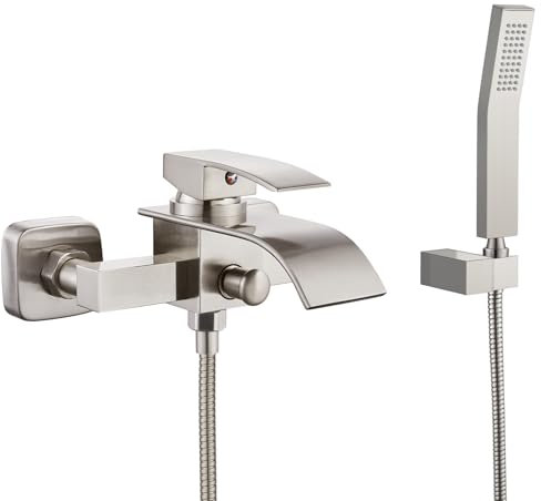 Rubinetto per vasca da bagno in nichel spazzolato con doccetta a cascata con manico singolo per vasca da bagno, miscelatore per vasca da bagno, sistema doccia con beccuccio curvo