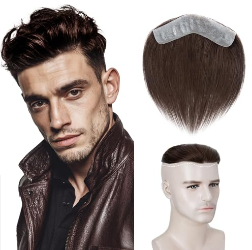 6 inch SEGO Men's Hairline Toupee V-Shape Real Remy Human Hair Extension Forehead Hairpiece Fringe Bang Replacement System Invisible (4x18cm,#2 Dark Brown)