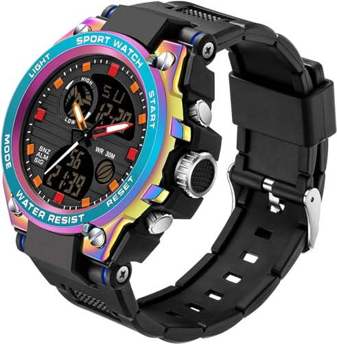 findtime Herren Sport Uhren Militär Outdoor Große Armbanduhr Digital Analog Zwei Zeitzonen LED Kalender Männer Jungen