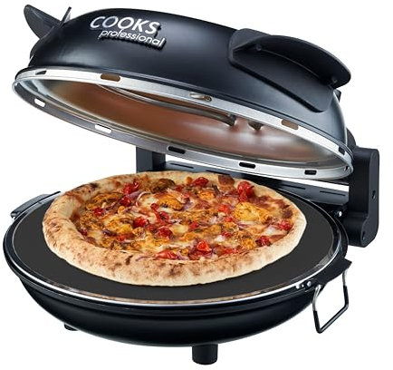 Cooks Professional Electric Pizza Oven with 31cm Stone Base, Glass Window, Timer, Stainless Steel Paddles & Baking Sheet | Energy Efficient Portable Countertop Pizza Maker Machine 1200W | Black