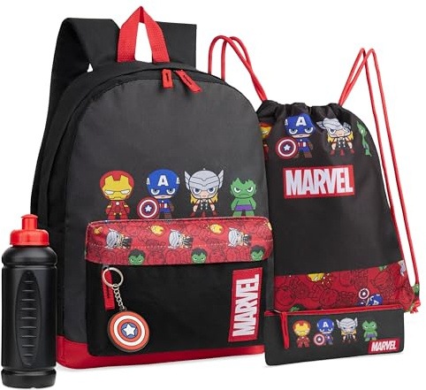 Marvel Ensemble 5 Pièces avec Sac à Dos, Sac à Cordon, Trousse, Bouteille et Porte-Clés (Noir/Rouge Avengers)