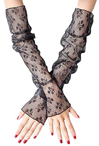 2 Paar Damen Kühlung Arm Ärmel Lange Ultradünne Fingerlose Ellbogen Sommerhandschuhe Sonnenschutz UV Schutz Kühles Netz Tül Fingerlose Armstulpen Perfekt Party Outdoor Sportaktivitäten,Schwarz F
