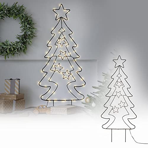 ECD Germany LED Gartenstecker Weihnachtsbaum Tanne 87cm 90 LEDs Warmweiß 6 Std Timer Batteriebetrieben Innen/Außen Metall LED Baum Weihnachten Dekoration Garten Deko Tannenbaum beleuchtet Lichterbaum
