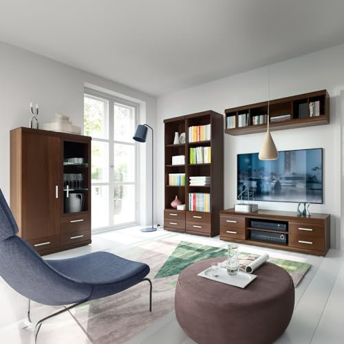 Lomadox Wohnwand Set mit Vitrinenschrank Nussbaum Fernsehwand Anbauwand Lowboard TV Schrank Vitrine Regal Highboard