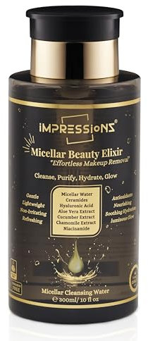 ImpressionZ Micellar Water Effortless Makeup Remover – Gentle, Non-Sticky, Hypoallergenic Cleansing Water for All Skin Types – Fragrance-Free, Quick & Convenient for Face & Eyes, Hydrates & Soothes