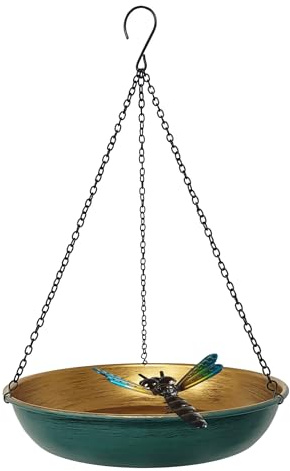 Vogeltränke zum Aufhängen für den Außenbereich, 28 cm, Grün/Bronze, niedliche Metall-Vogeltränke mit Abnehmbarer schwarzer Kette, Metall-Libelle, Gartendekoration