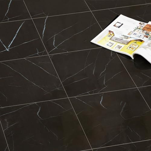 Gr8 Home 3.34m² Floor Tiles Self Adhesive Marble Stone Effect Square Planks PVC Flooring DIY Kitchen Bathroom Living Room (Matte Black)