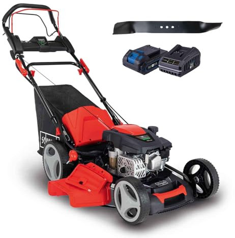 Scheppach MS173-51E Benzin Rasenmäher - 51cm Schnittbreite | E-Start | Reinigungsfunktion | 65 Liter Fangkorb | Stahlgehäuse | 7-stufige Höhenverstellung (inkl. Ersatzmesser)