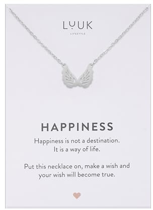 LUUK LIFESTYLE Collier avec pendentif ailes d'anges en acier inoxydable (50 cm), carte HAPPINESS, idée cadeau pour femme, anniversaire, Noël, porte bonheur, bijoux minimalistes, amitié, Argent