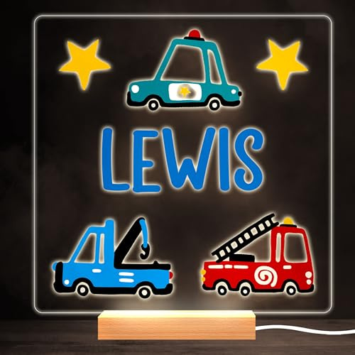 Car Police Fire Truck Boy Colourful Square Personalised Gift Lamp Night Light | Personalised Gift For Home, Lamp Room Décor | Kids & Adults Night Lights With Name | Personalised Gift For Bedroom |