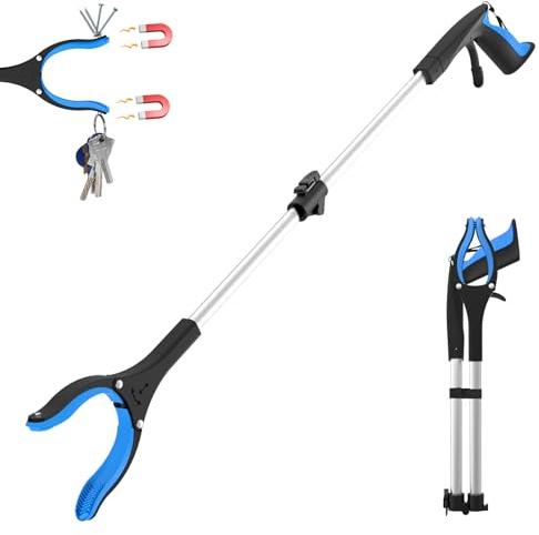 80cm Faltbare Greifzange für Senioren - Leichte Greifzange mit 360° Drehkopf und Magnet, Ergonomischer Greifer für Senioren, Müllzange Greifer für tägliche Aufgaben, Blau