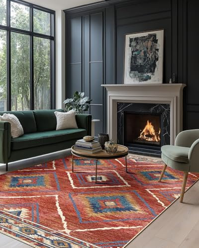 DEFYNEE Machine Washable Rugs Living Room, 90x150 cm Kitchen Rugs Non Slip, Soft Short Pile Vintage Red Rugs for Bedroom, Moroccan Rug for Hallway, Bedroom, and Kitchen, Red