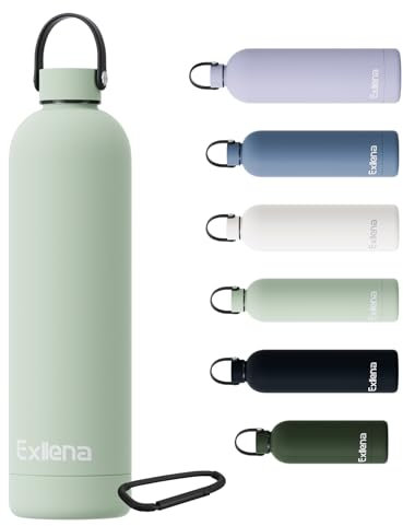 Exllena 1L Stainless Steel Double Wall Vacuum Insulated Water Bottle Keeps Drinks Cold 24 Hrs/Hot 12 Hrs, BPA & BPS Free, 100% Leakproof, Carabiner Clip, Lichen Green