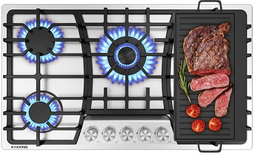 KOXKING 36 Inch Gas Cooktop with Griddle, Gas Stove Top with 5, Reversible Cast Iron Grill/Griddle, NG/LPG Convertible, with Thermocouple Protection, Stainless Steel