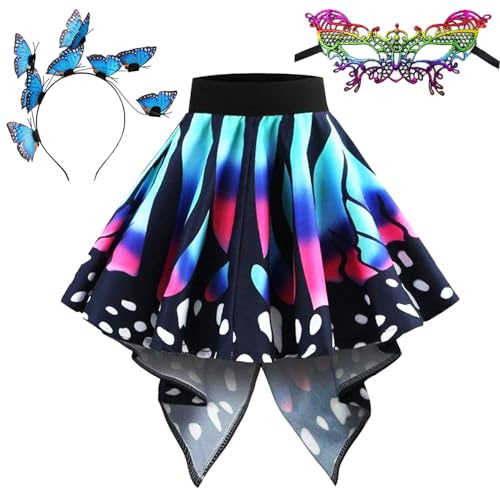Schmetterling Kostüm Damen, Schmetterling Rock,mit Schmetterling Haarreif,Damen Spitze Maske, Schmetterling Kostüm Erwachsene, Karneval Kostüm Damen für Halloween Karneval Party Cosplay Weihnachten