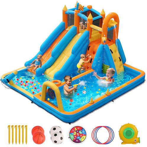 FOOING Aufblasbare Hüpfburg mit 2 Rutschen, Kletterwand & Basketballkorb - Wasserspielburg mit Sicherheitsnetz für Garten, Kindergeburtstage und Sommerpool-Partys