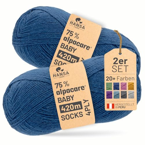 HANSA-FARM Alpacare, 75% lavabile, set di calzini alpaca, 224 g (2 x 112 g), lana per calze, lana antigraffio, per lavorare a maglia e all'uncinetto, CF245 blu jeans