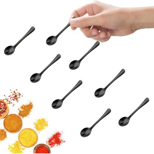 GlamRays 8 pièces de Petites cuillères en Acier Inoxydable pour Pots à épices, Taille Mini 7,5CM, Jolies Petites cuillères en Acier Inoxydable pour épices, sel, Amusantes Petites pelles(Noir)