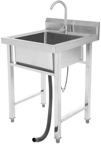 Freistehende Edelstahl Spültisch 1 Becken 60x60x93cm Camping Spüle 150kg Belastbarkeit Outdoor Spüle Camping Waschbecken 360° drehbarer Wasserhahn Mobiles Waschbecken 1-3cm Einstellbare Höhe