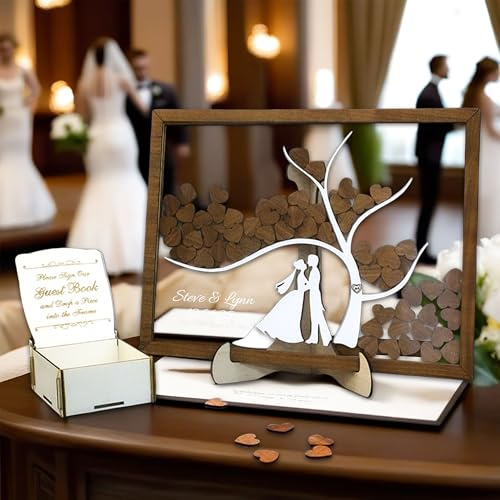 JLSKCN Personalisierte Gästebuch Hochzeit aus Holz mit 50-100pcs Hölzernen Herzen, Alternative Hochzeitsgästebuch, Baum des Lebens, Hochzeit, Dekoration, Hochzeitsgeschenk