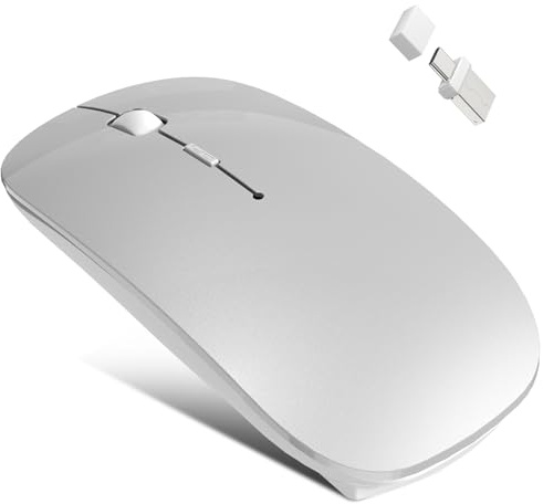 Azmall Trådlös Bluetooth-mus 5.2/3.0 + 2.4G USB-A/C – USB-C uppladdningsbar, tyst klick, 3 DPI (800/1200/1600), integrerad Jiggler – för iPad, MacBook, bärbara datorer och Windows-datorer