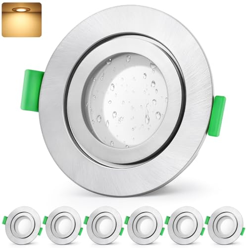 GeyouLux LED Einbaustrahler 230V IP65, 5W 600LM Deckenspots, Einbauleuchten 65-75mm, 2700K Warmweiß Ultra Flach Einbauspots für Badezimmer Küche Rund Nickel LED Spots 6er Set
