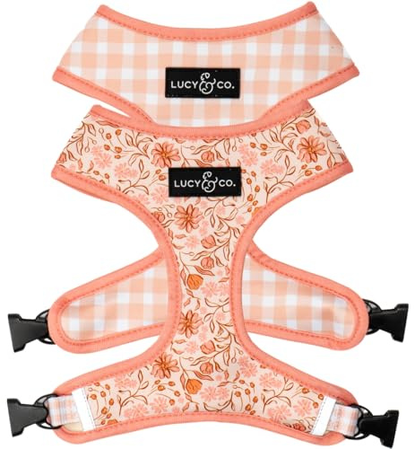 Lucy & Co. Cute Reversible Dog Harness Walking Halter - Best Designer Pet Harnesses for XS - XL Dogs - Padded Adjustable Vest for Easy Walking-Medium-Peach Pink Floral Plaid