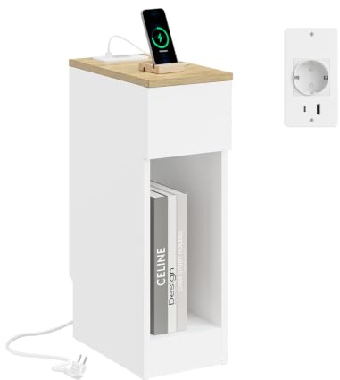 SoBuy Table de Chevet 20cm avec Chargeur et Design de plinthe, 20x35x60cm | Table de Nuit Table d'appoint etroite, gain de place pour chambre, salon et petits espaces, Blanc, FBT111-E-WN