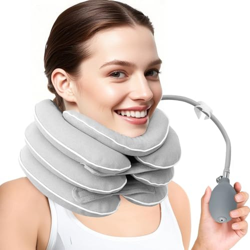 GWCYMYD Cervical Neck Traction Device, Inflatable Neck Stretcher with Support, Comfortable Tech Cloth, Adjustable Support Brace Pillow, Pain Relief and Decompression for Driving Office Home Use