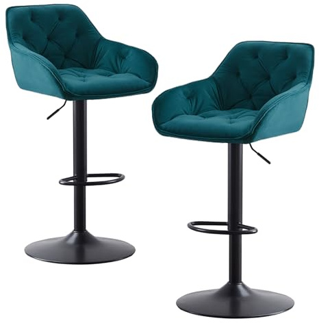 AINPECCA Barhocker 2er Set Samt, Drehbare Barstühle höhenverstellbar mit Armlehne & Fußstütze, Gepolsterte Küchenhocker mit Knopfheftung, Tresenhocker für Küche Theke Bar (2, Teal)