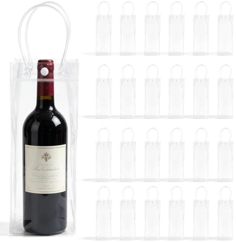 VETOLAKA 25 stycken flaskkylare ispåse: 10 x 25 x 10 cm transparent champagnekylare, PVC ispåse flaskkylare, läckagesäker iväska med handtag för kallt öl, vin, drycker, fest, utomhus, camping