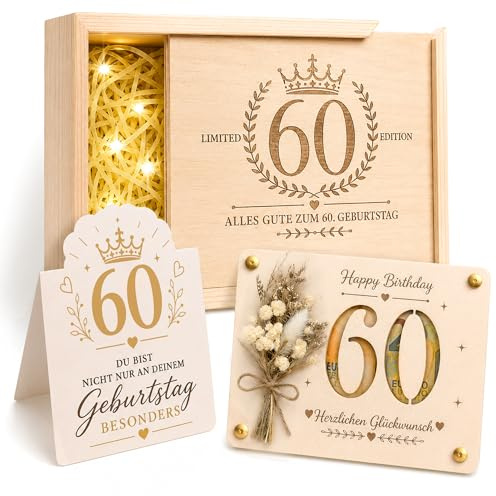 Geldgeschenke Geburtstag 60 aus Holz, 60 Geldgeschenk Verpackung Geschenkbox mit Geldrahmen, Trockenblumen, Geschenk 60 Geburtstag Frau Mann, Geburtstagsgeschenk für Lebenspartner