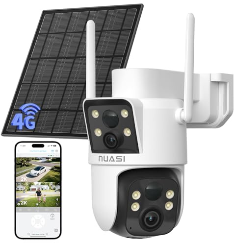 NUASI 4G LTE Solar Cámara Vigilancia Exterior Doble Lente | 2K+2K Cámara de Seguridad con Panel Solar Exterior, AI Detección Humana PIR, Visión Nocturna a Color, Audio Bidireccional