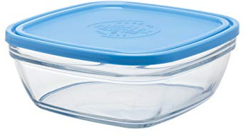 Duralex 9023AM04A1111 Freshbox Carré Frischhaltebox mit Deckel, 20x20cm, 2 Liter, Glas, blau, 1 Stück