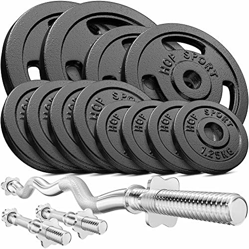 Hop-Sport Guss Hantelset mit SZ-Stange, Kurzhantelstangen und Gewichten, 1x Curlstange, 2x Kurzhantel, Set 37kg 57kg oder 77kg zur Auswahl (57kg)