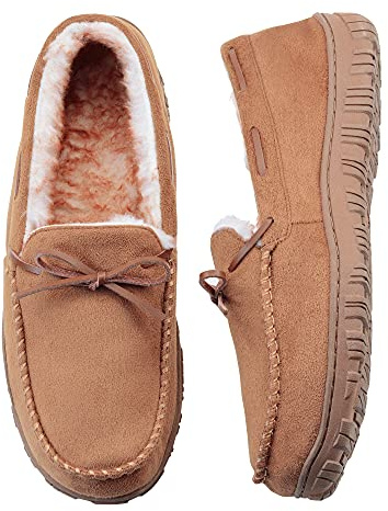 VLLy Mens Moccasin Slippers with Memory Foam Arch Support, Non Slip Rubber Sole House Shoes for Men Machine Washable Warm Fleece Lined Indoor Outdoor Home Shoes Brown Size 12 US